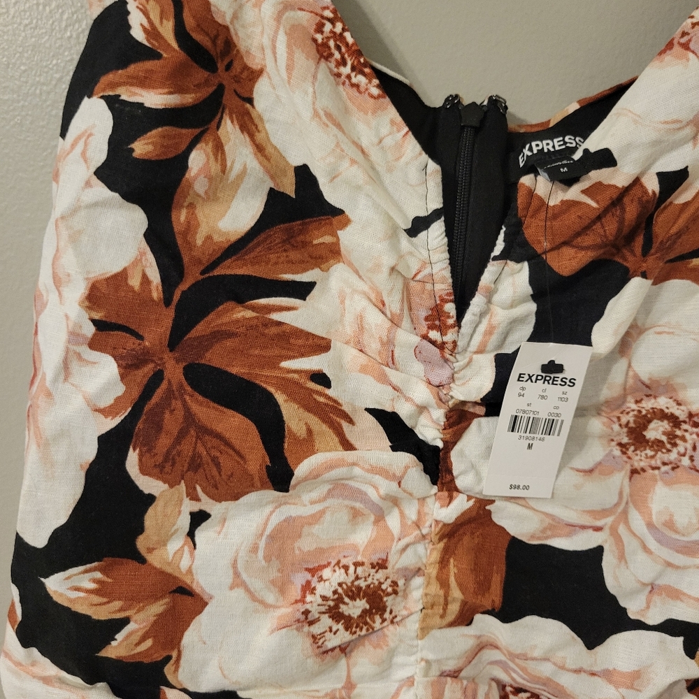 Express Floral Cream and Brown Linen Blend  Bodycon Sleeveless Dress. Size M - Picture 6 of 14